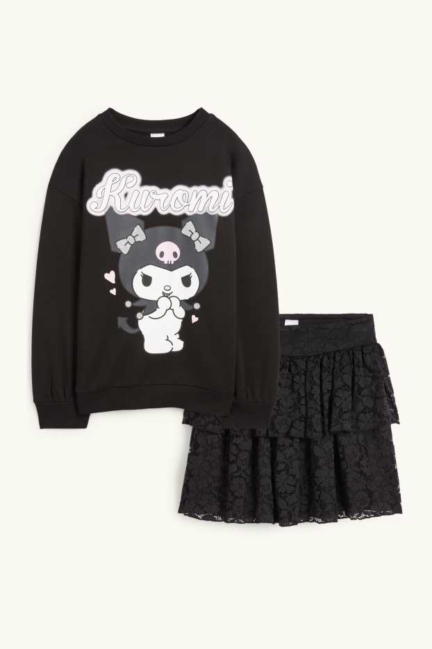 Enfants filles - Kuromi - ensemble - sweat et jupe - deux pièces - noir