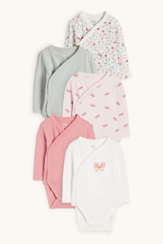 Bébés filles - Lot de 5 - papillon et petites fleurs - body croisé pour bébé - rose
