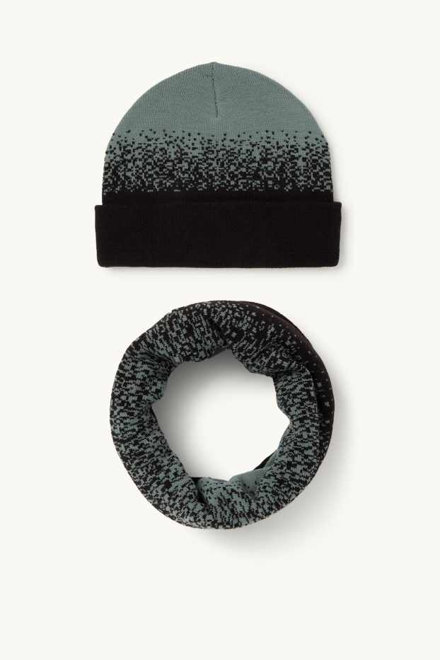Copii - Băieți - Set - căciulă și fular circular - 2 piese - cu model - negru