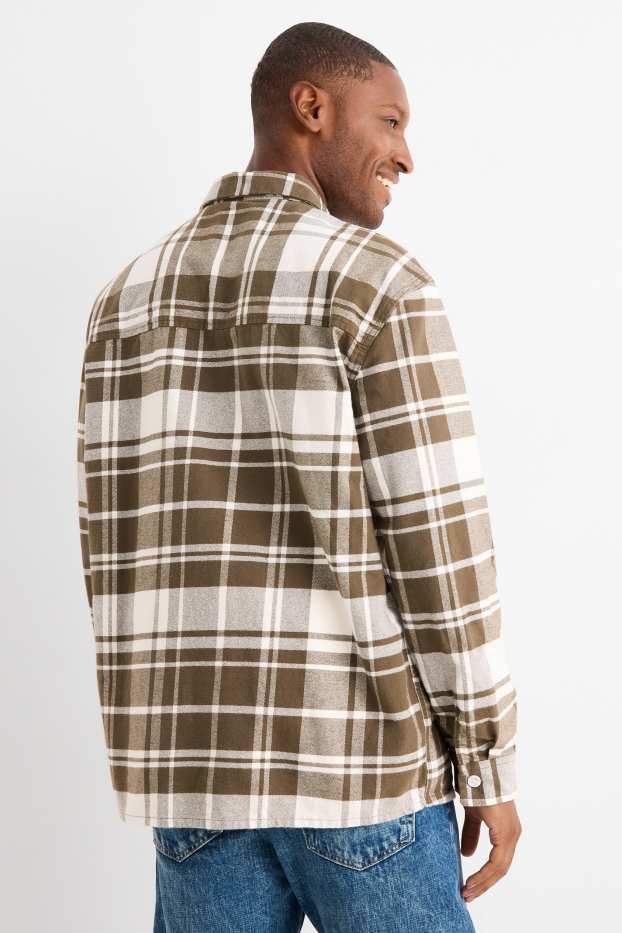 Hommes - Chemise en flanelle - regular fit - col kent - à carreaux - blanc / beige