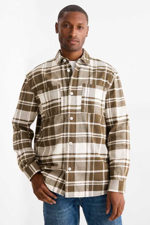 Hommes - Chemise en flanelle - regular fit - col kent - à carreaux - blanc / beige