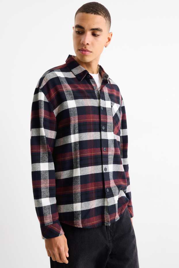 Hommes - Chemise en flanelle - relaxed fit - col kent - à carreaux - rouge / bleu foncé