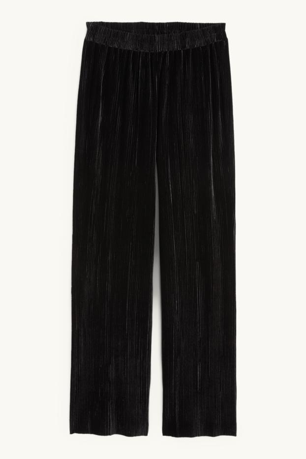 Donna - Pantaloni in velluto a pieghe - vita alta - gamba larga - nero