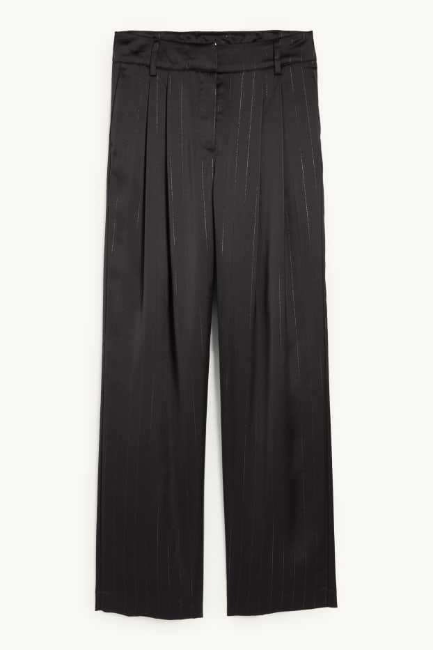 Femei - Pantaloni din satin - talie medie - wide leg - dungi fine - negru