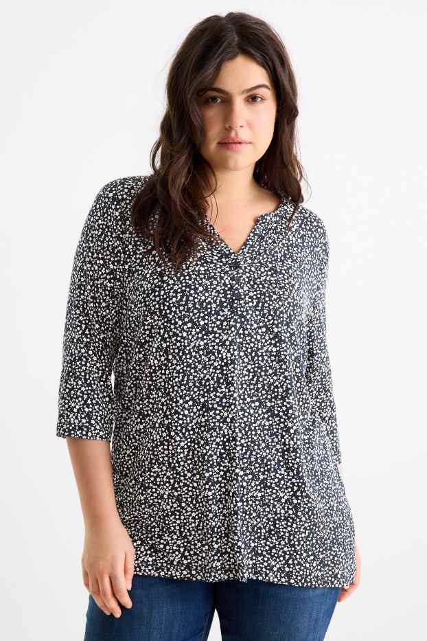 Damen - T-Shirt mit V-Ausschnitt - geblümt - dunkelblau