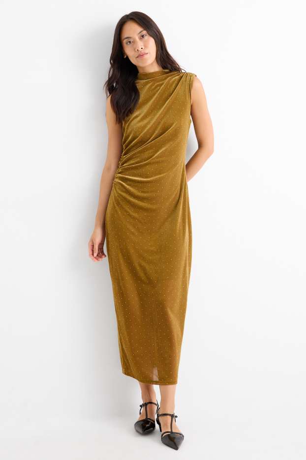 Dona - Vestit bodycon de vellut amb pedres d’estràs - groc mostassa