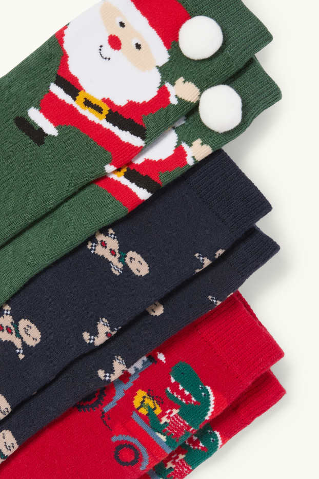 Enfants garçons - Lot de 3 paires - Père Noël et dinosaure - chaussettes de Noël à motif - vert foncé / rouge