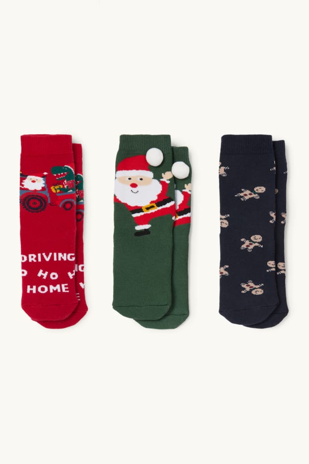 Enfants garçons - Lot de 3 paires - Père Noël et dinosaure - chaussettes de Noël à motif - vert foncé / rouge