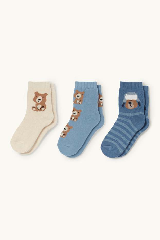 Enfants garçons - Lot de 3 paires - ours - chaussettes à motif - bleu / blanc