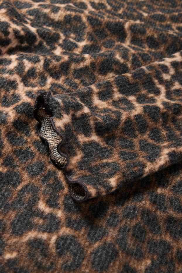 Dámské - Krátké tričko s dlouhým rukávem - slim fit - s leopardím vzorem - černá/béžová