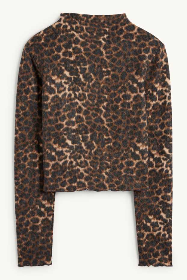 Dámské - Krátké tričko s dlouhým rukávem - slim fit - s leopardím vzorem - černá/béžová