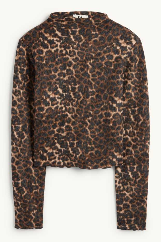 Dámské - Krátké tričko s dlouhým rukávem - slim fit - s leopardím vzorem - černá/béžová