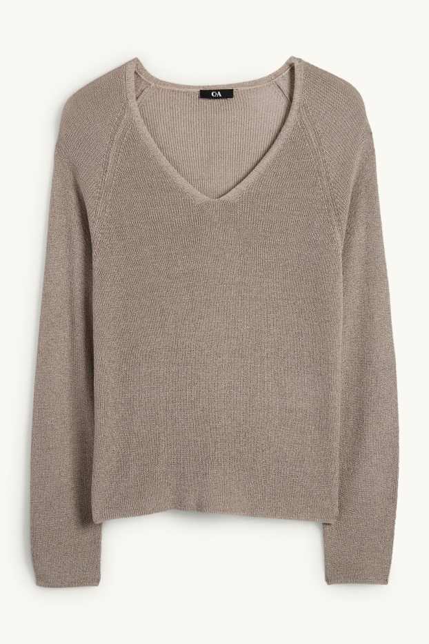 Femmes - Pull avec encolure en V - effet brillant - gris