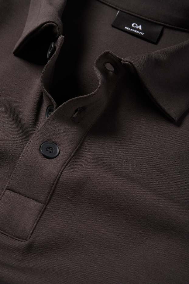Heren - Poloshirt met lange mouwen - relaxed fit - donkerbruin