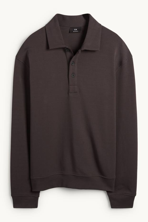 Heren - Poloshirt met lange mouwen - relaxed fit - donkerbruin