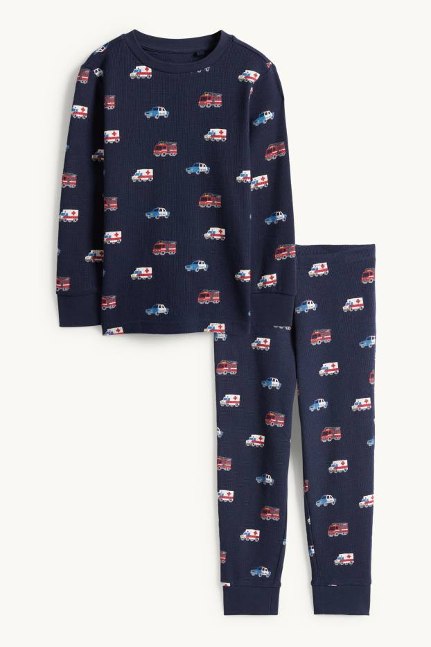 Děti - chlapci - Policejní a hasičská auta - pyžamo - 2dílné - strukturované - tmavomodrá