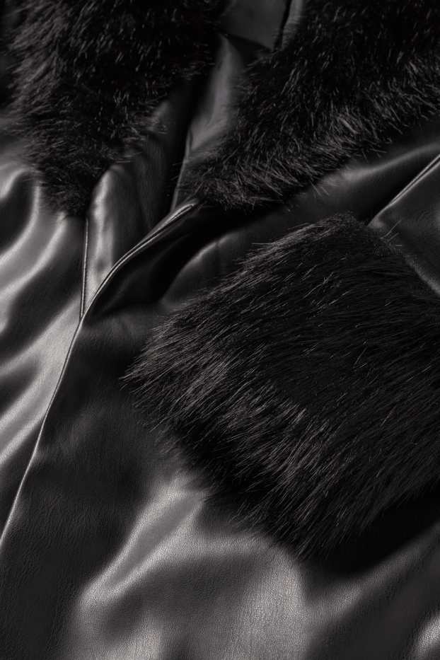 Women - Coat with faux fur trim - faux leather - black