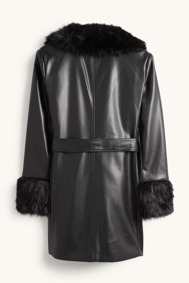 Women - Coat with faux fur trim - faux leather - black