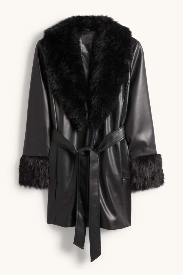 Women - Coat with faux fur trim - faux leather - black