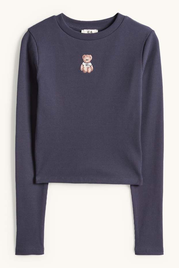 Dames - Korte longsleeve - slim fit - ribstof - donkerblauw