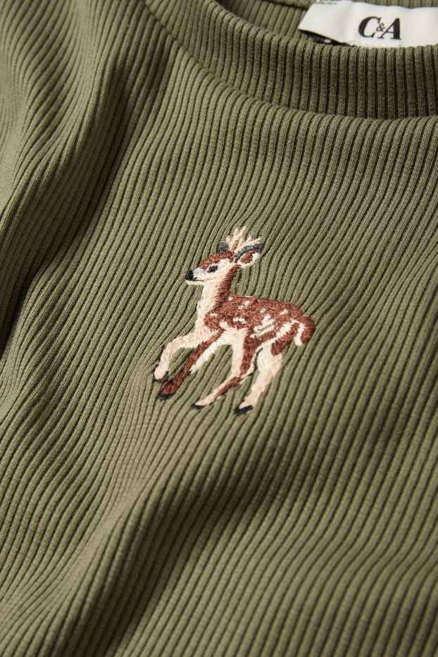 Dámské - Krátké tričko s dlouhým rukávem - slim fit - žebrované - khaki