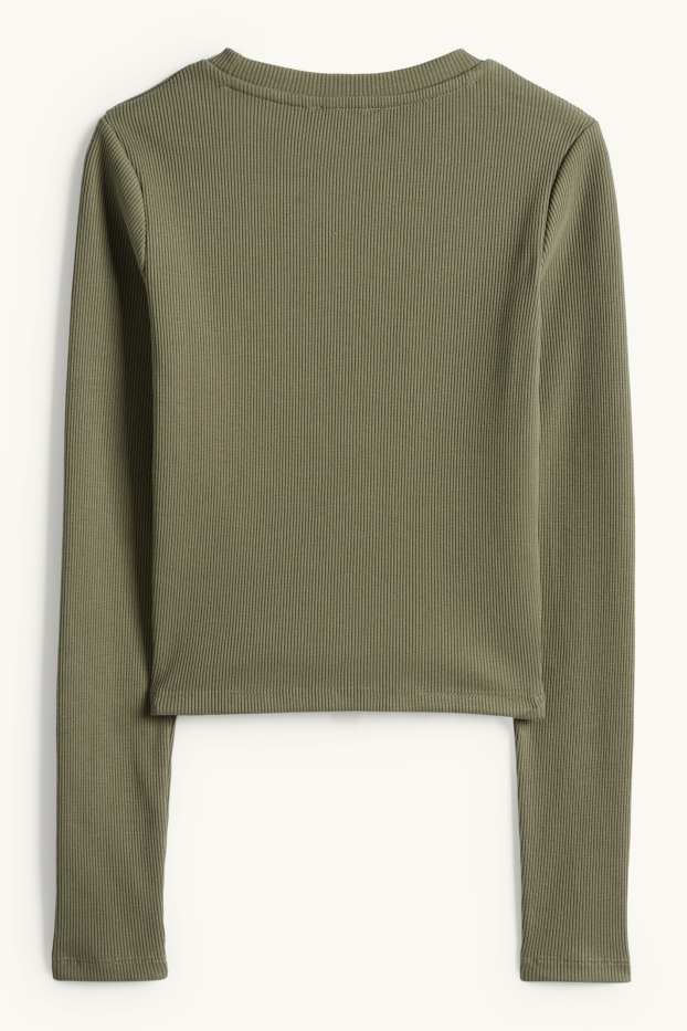 Dámské - Krátké tričko s dlouhým rukávem - slim fit - žebrované - khaki