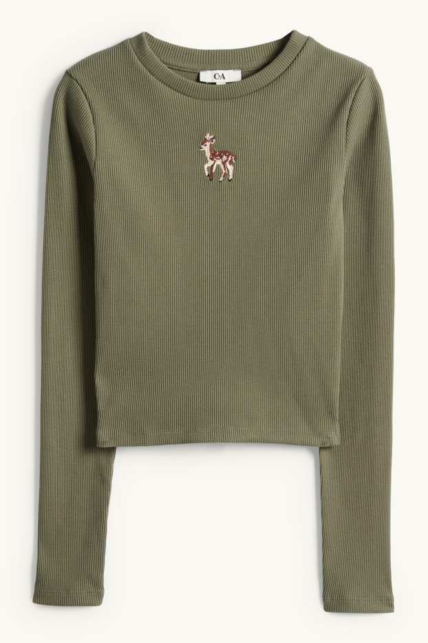 Dámské - Krátké tričko s dlouhým rukávem - slim fit - žebrované - khaki