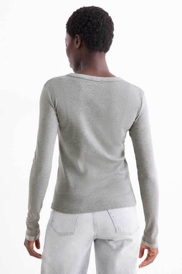 Dámské - Tričko s dlouhým rukávem - slim fit - žebrované - šedá