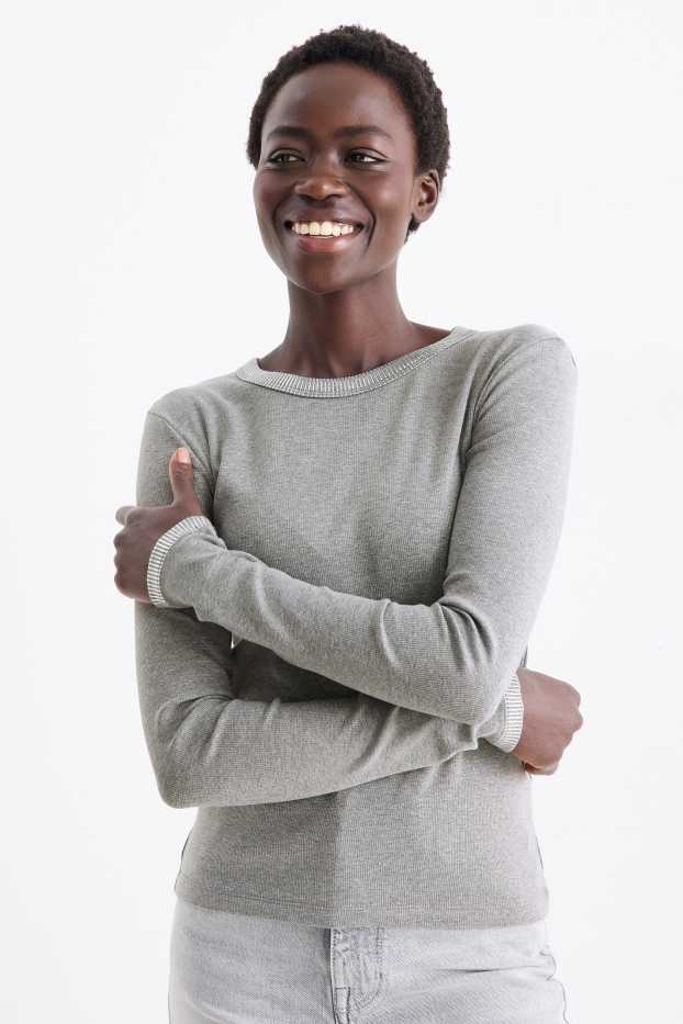 Dámské - Tričko s dlouhým rukávem - slim fit - žebrované - šedá