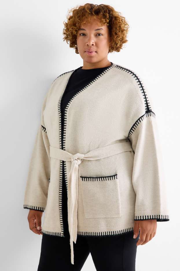 Femei - Cardigan tricotat lung - bej deschis