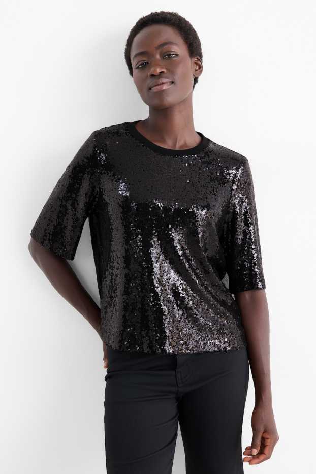 Donna - Blusa di paillettes - in rete - nero