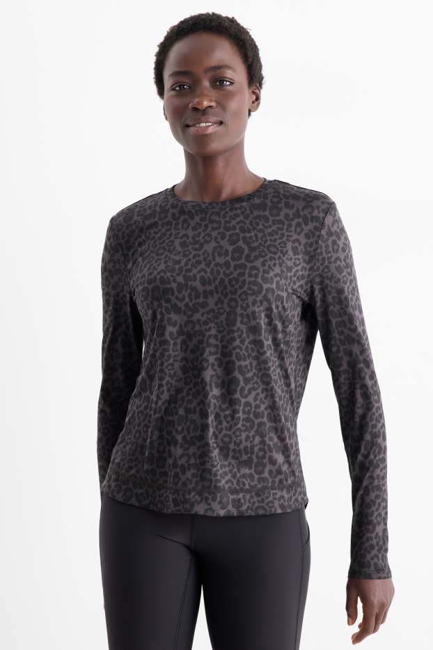 Damen - Sport-Langarmshirt - Relaxed Fit - Leo-Print - schwarz / grau