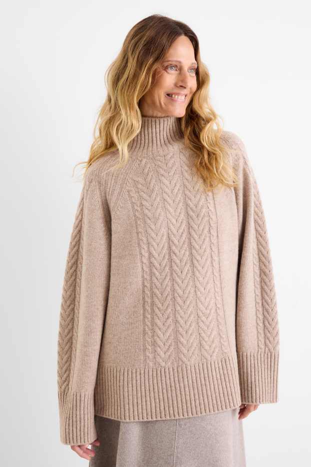 Women - Jumper with cashmere - wool blend - cable knit pattern - beige
