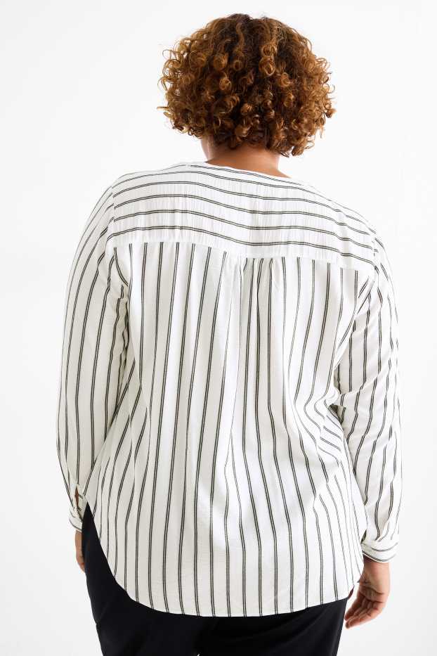 Femei - Bluză cu decolteu în V - cu dungi - alb / negru