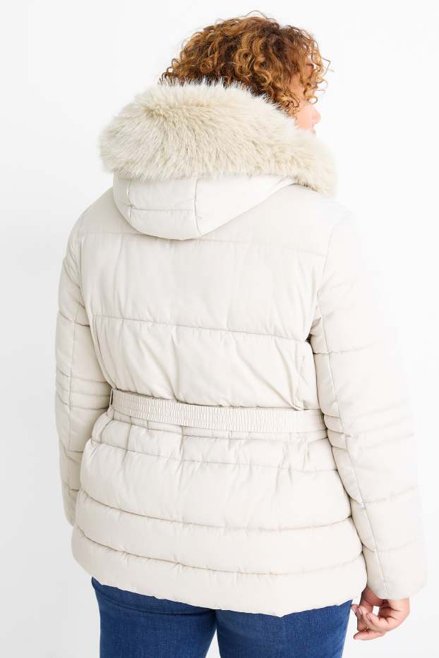 Dames - Gewatteerde jas met ceintuur, capuchon en imitatiebontrandje - licht beige