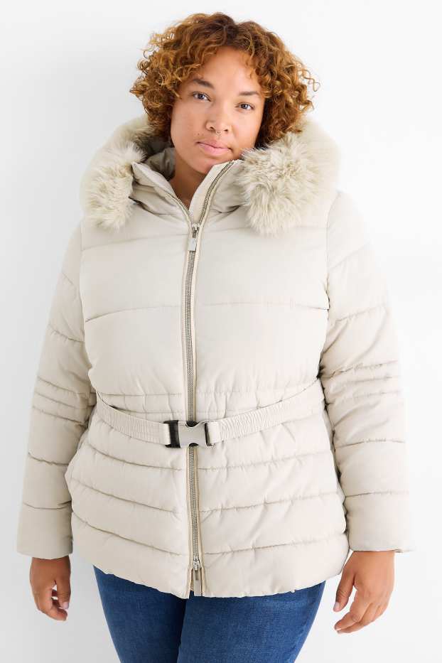 Dames - Gewatteerde jas met ceintuur, capuchon en imitatiebontrandje - licht beige