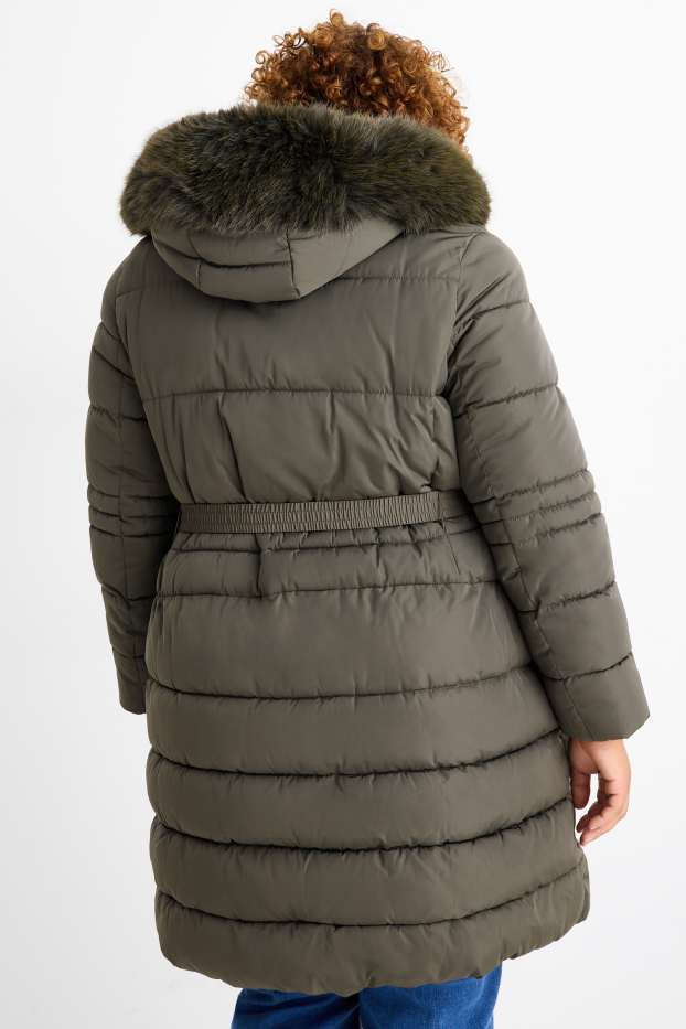 Dona - Abric embuatat amb cinturó, caputxa i rivet de pèl sintètic - verd