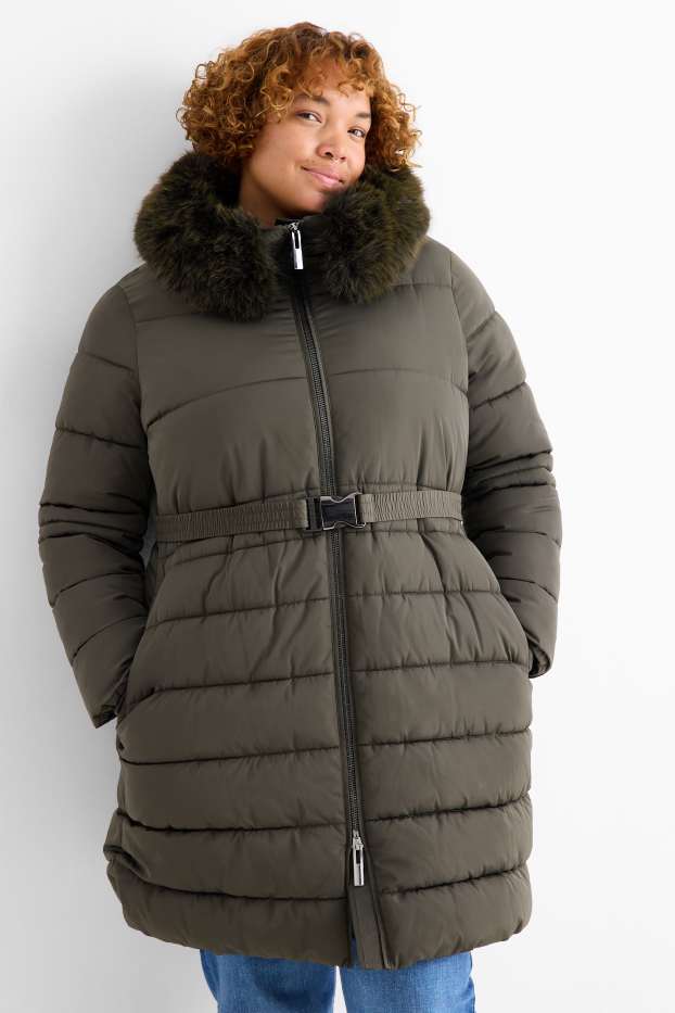 Dona - Abric embuatat amb cinturó, caputxa i rivet de pèl sintètic - verd