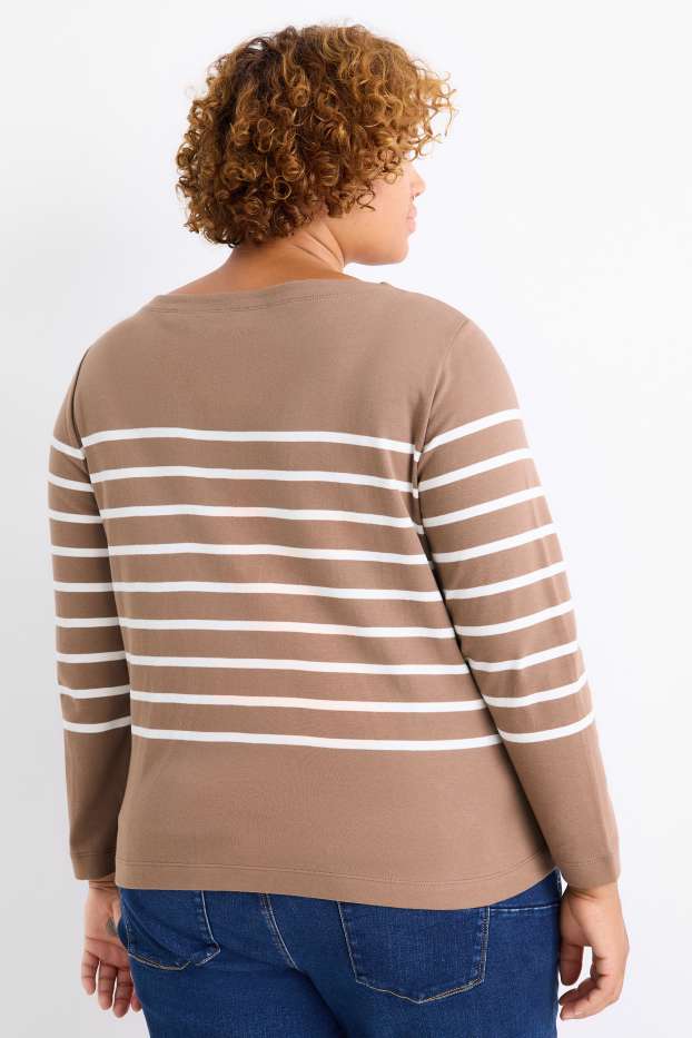 Women - Long sleeve top - regular fit- striped - taupe