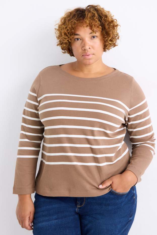 Women - Long sleeve top - regular fit- striped - taupe
