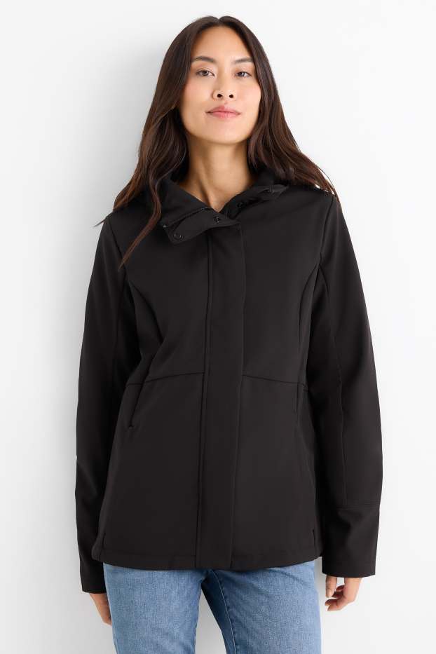 Donna - Giacca soft shell con cappuccio - idrorepellente - 4 Way Stretch - nero