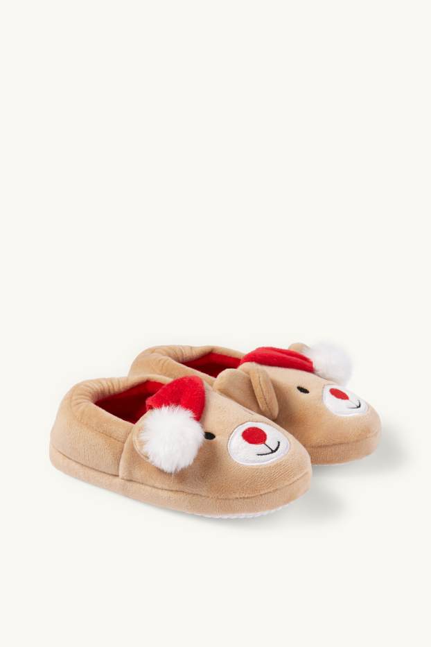 Kinderen: meisjes - Rendier - kerstpantoffels - beige