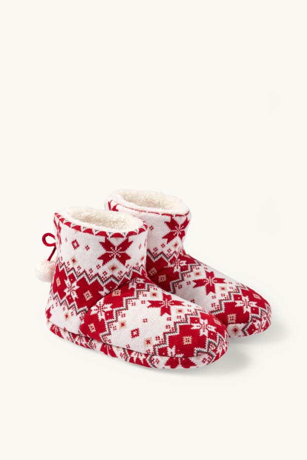 Dames - Mini Me - damespantoffels - met patroon - wit / rood