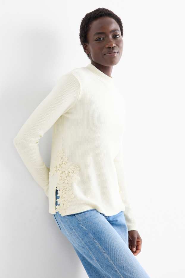 Dona - Samarreta de mànigues llargues - regular fit - acanalada - blanc trencat