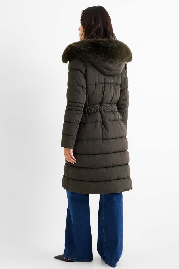 Dona - Abric embuatat amb cinturó, caputxa i rivet de pèl sintètic - verd fosc