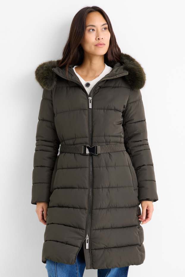 Dona - Abric embuatat amb cinturó, caputxa i rivet de pèl sintètic - verd fosc