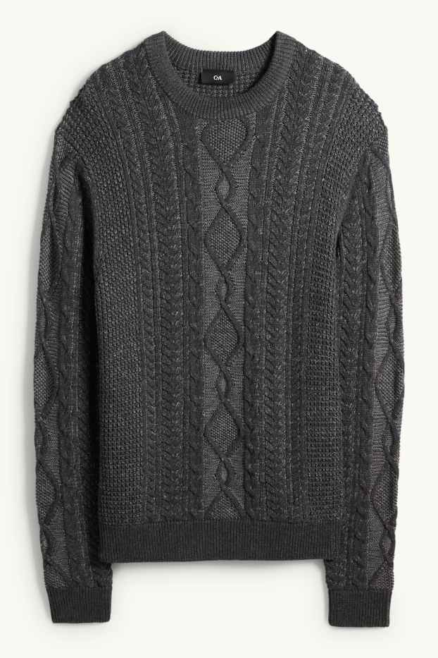Men - Jumper - cable knit pattern - dark gray
