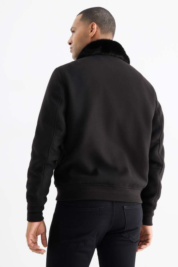 Heren - Jas met imitatiebontrandje - zwart