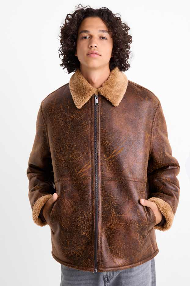 Hommes - Veste imitation mouton - matière synthétique - marron