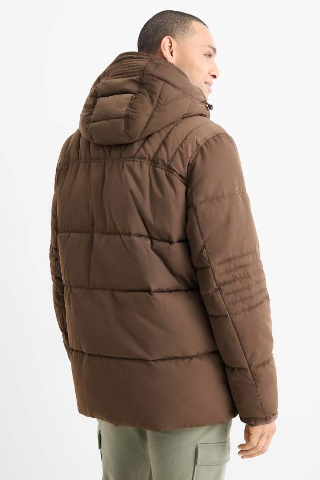 Pánské - Prošívaná parka s kapucí - tmavohnědá